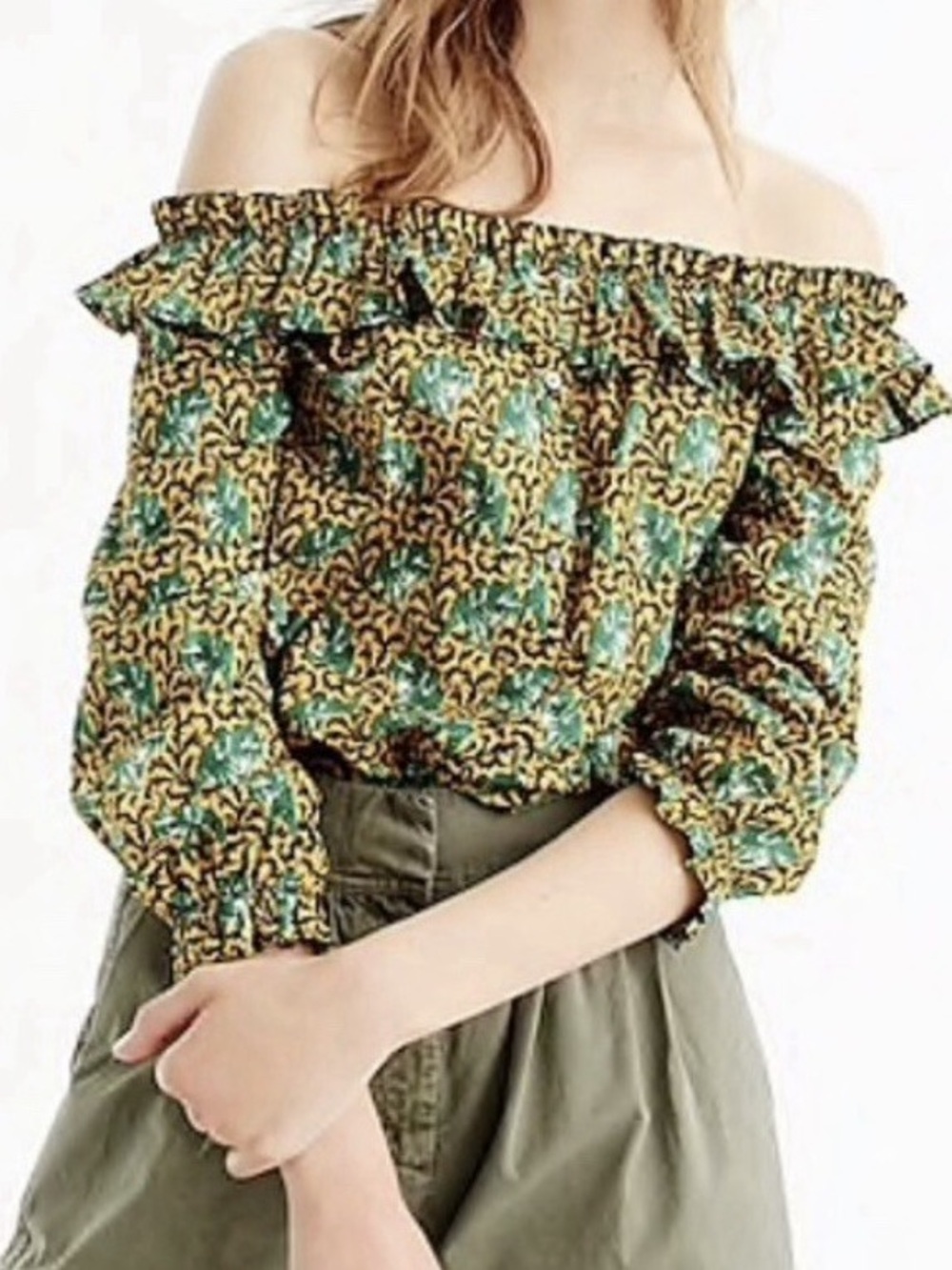 J. Crew| Off-Shoulder Ratti Elephant Cotton Ruffle Top in Green & Yellow Sz 12
